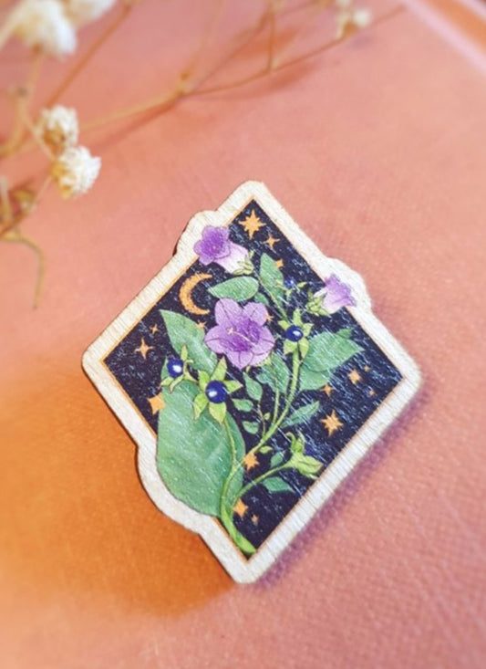 Belladonna wooden brooch, floral illustration gift for witches | art clothing aesthetic, dark academia green witch, Hecate.