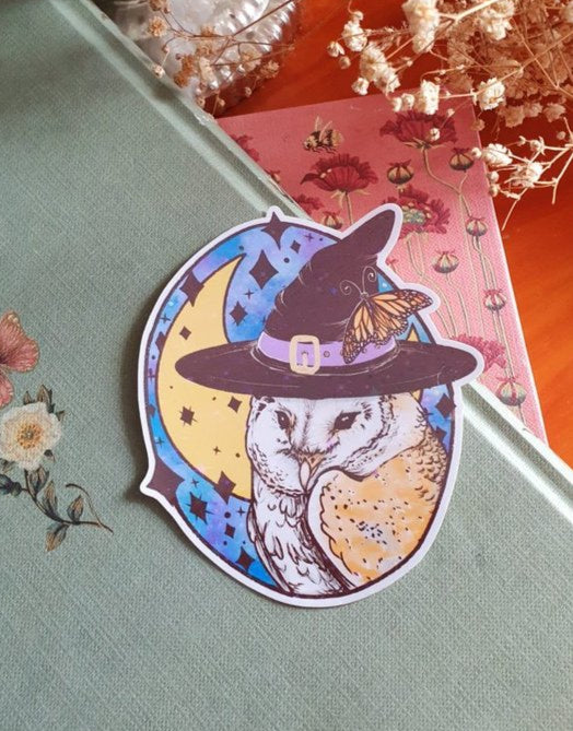 Barn Owl Witch with a Monarch Butterfly Large Glitter Sticker | Green Witch &amp; Cottagecore, Cute Scrapbook Stationery.