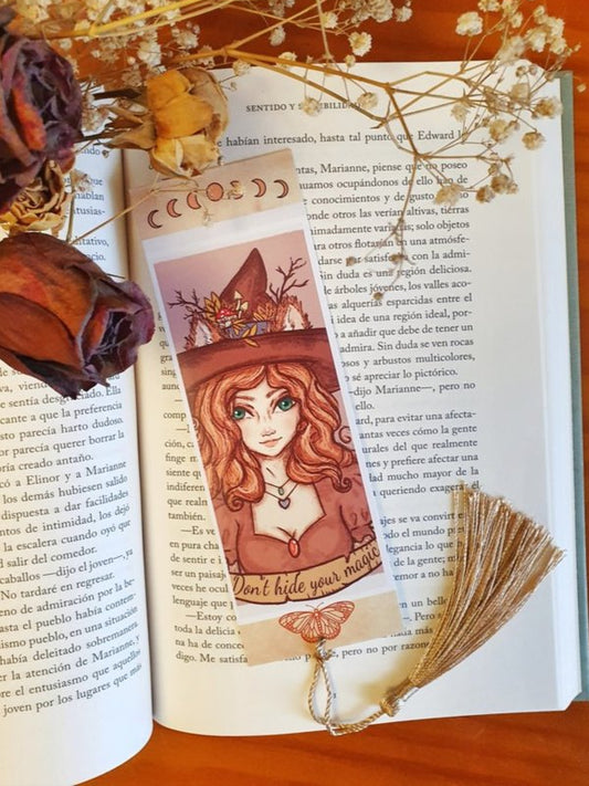Unique witch bookmark cottagecore aesthetic, gift for readers | Green witch fox illustration, cute nature stationery.