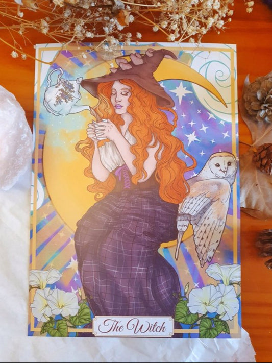 Witch, Moon and Owl cute digital art print, cottagecore aesthetic dark academia, wall decor | Autumn mushrooms witchy stuff